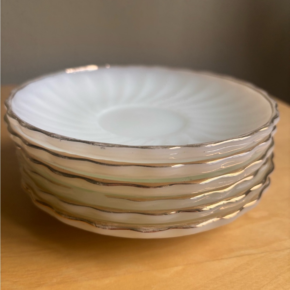Anchor Hocking White Glass Dessert Bowls with Silver Trim - Set of 6